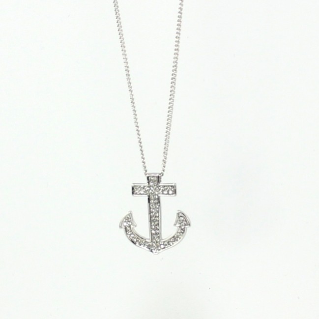 Anchor Necklace With Rhinestones Silver Tone N4230